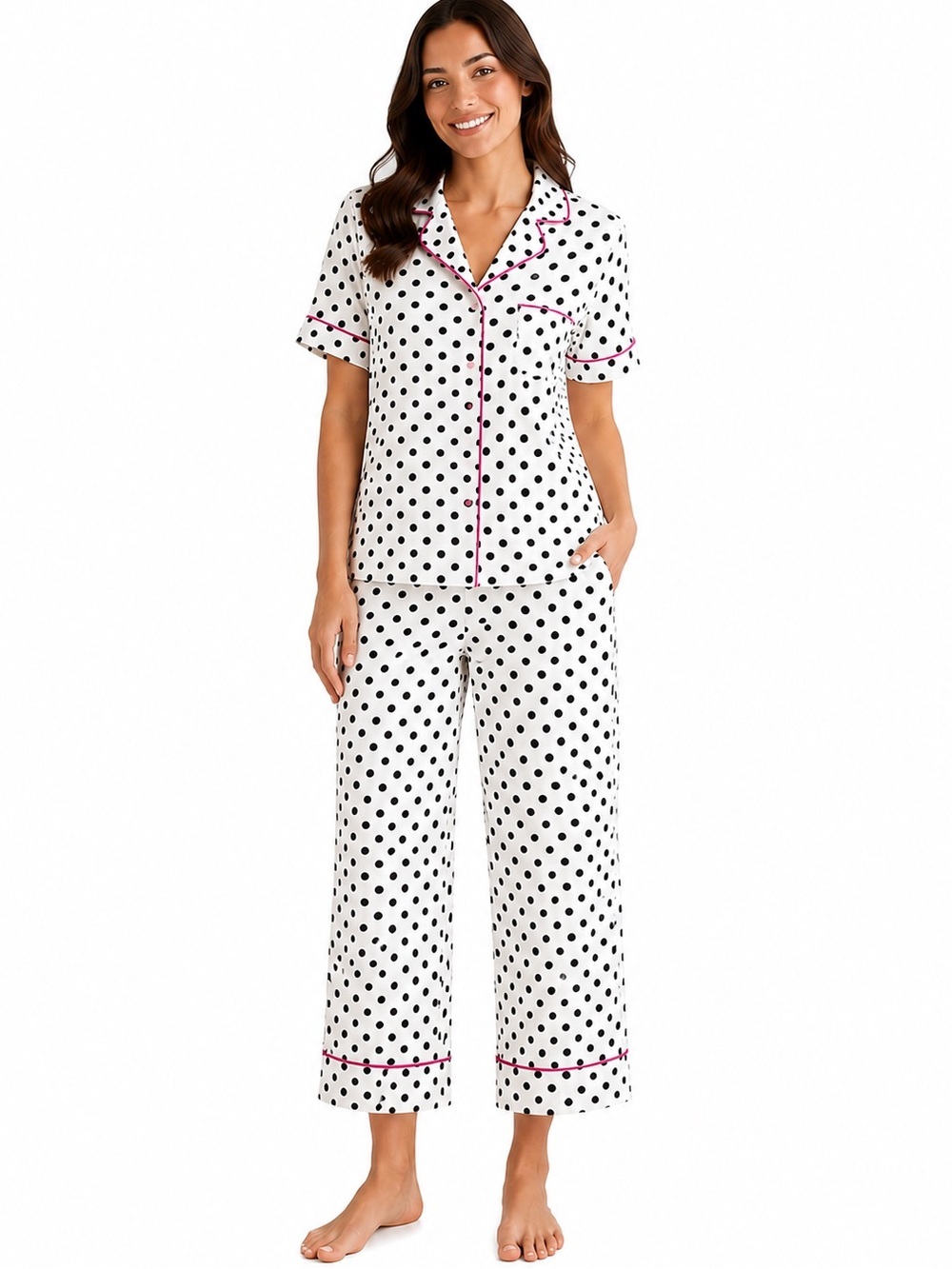 KATE SPADE Polka Dot Pajama Set White Black Pink Crop Pants Sleepwear Lounge Set